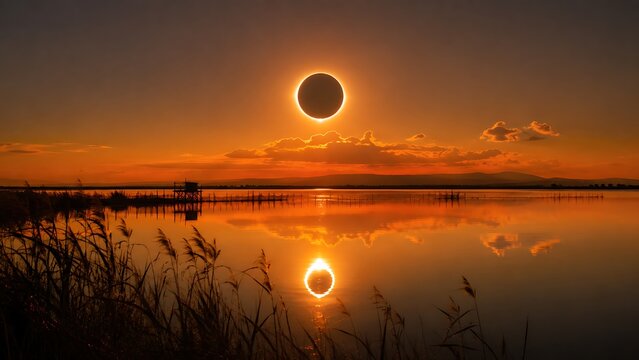 A breathtaking total solar eclipse over a calm lake during a vibrant orange sunset with water reflection