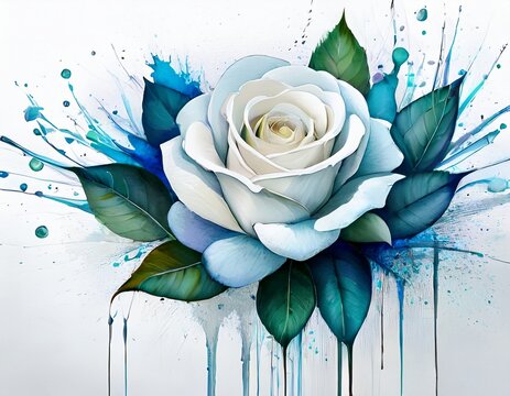 watercolor white rose with blue splatter drips on white
