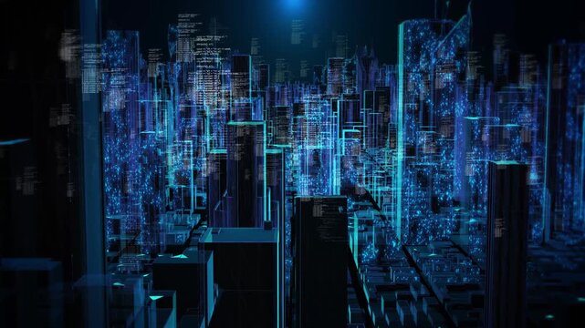 Advanced virtual city buildings software code computer information. programming, machine learning, cyber protection, cloud applications, digital security, automation, research intelligent computing.