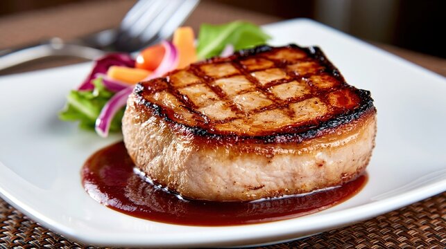 Juicy Grilled Pork Chop with Barbecue Sauce and Fresh Salad on a White Plate