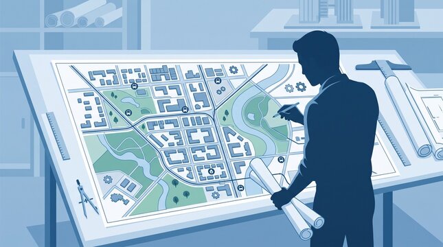 Male architect silhouette working on a large city planning map at a drafting table in a professional office, featuring urban design, blueprints, and technical tools in a blue monochromatic style.