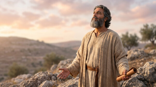 Isaiah the prophet waiting for God's revelation in a serene landscape