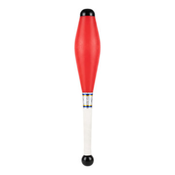 A single red juggling club with a white grip and black ends isolated on white