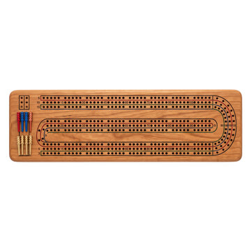 Wooden cribbage board with pegs and scoring track for card game fun