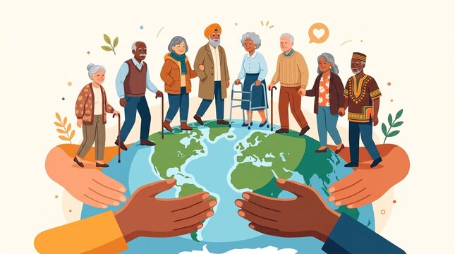 Flat vector illustration of a diverse group of senior citizens walking on a globe held by supporting hands, representing global elderly care, community inclusion, and international aging.