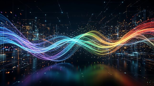 Abstract digital background featuring flowing colorful light waves over a dark futuristic city skyline at night