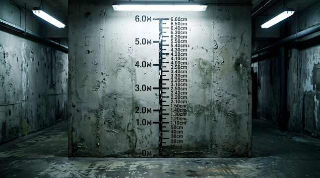 Grungy concrete wall with measurement markings showing height stencil from 0m to 6m in a dark industrial basement or parking garage with fluorescent lights