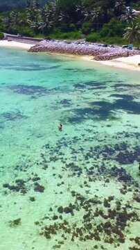 Vertical aerial view of Anse Royale beach in Seychelles showing turquoise water, coral reef, white sand, tropical vegetation and scenic coastline.