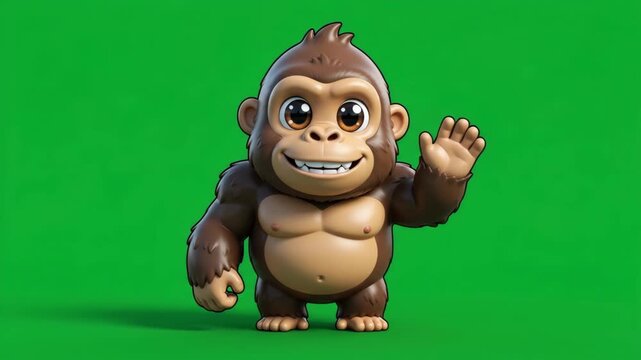 Cute baby gorilla waving hello on a vibrant green screen background, 3D rendered cartoon character.