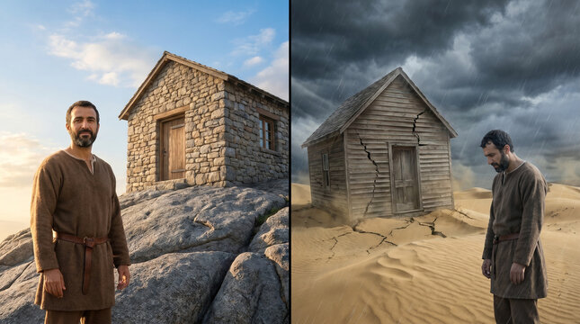 Wise builder on rock and foolish builder on sand, biblical theme, dramatic split composition