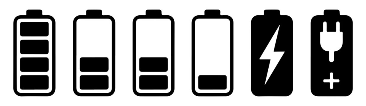 Collection of battery icons displaying various charge levels and symbols on transparent grid.