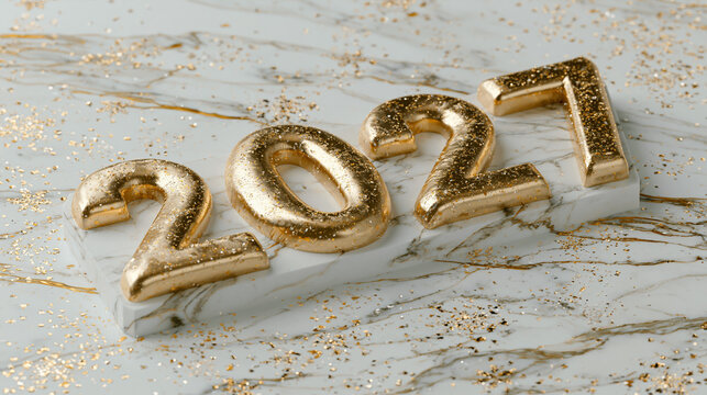 Elegant 2027 New Year celebration with gold numbers on marble
