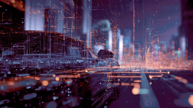 Abstract digital visualization of smart city night traffic with glowing data network grid overlay and holographic vehicle wireframe for futuristic cyber technology and autonomous driving concepts.
