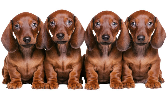 Four adorable brown dachshund puppies sitting in a row isolated on white background