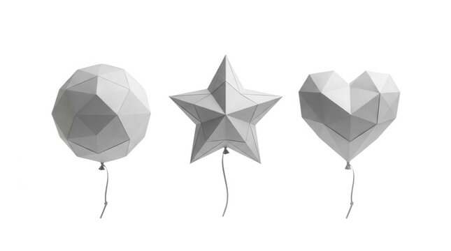 Three geometric balloon shapes sphere star and heart in minimalistic design with transparent background