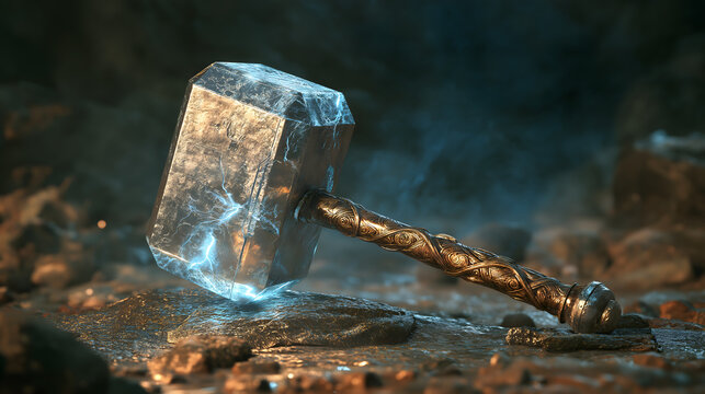 Norse myth thunder hammer abstract light effect, silver hammer light form, wandering blue lightning texture, root spiral pattern, thunder cloud shadow with sparkles, mighty regal asset for poster, pac