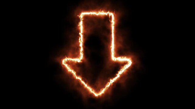 Burning arrow pointing downward glowing with intense fiery energy on dark background digital motion effect for modern presentation graphics.
