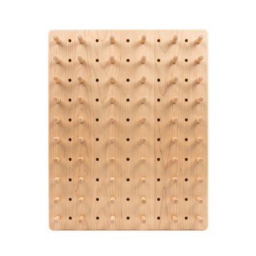 Wooden pegboard with evenly spaced pegs for organization and display