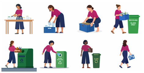 Fototapeta premium Flat vector illustration set of women sorting and recycling glass jars and bottles into green bins for environmental conservation
