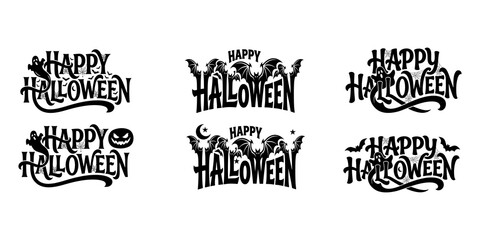 Obraz premium A collection of six unique black and white happy Halloween lettering designs featuring spooky fonts and decorative holiday themed elements.