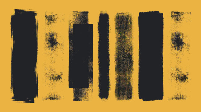 Set of grunge rolled ink stamp textures handmade with brayer. Letterpress vintage rough rectangle vertical backgrounds. Linocut relief printing shapes vector illustration isolated on yellow background