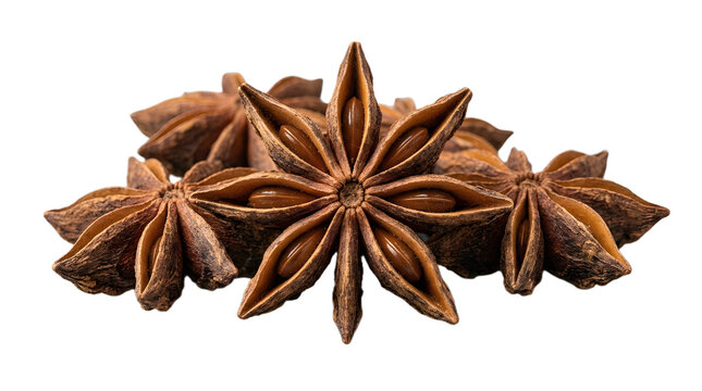 Macro Photo Of Whole Star Anise Pods Isolated On Solid White Background
