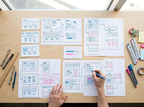 Creative professional sketching detailed UI wireframes on paper with markers and tools on a bright wooden desk workspace