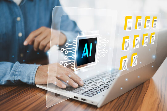 AI for document management concept. Businessman uses a laptop with AI technology to organize file, manage data, and store information in a digital folder.