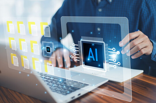 AI for document management concept. Businessman works on a laptop using AI to record file and process data before organizing it into a secure folder.