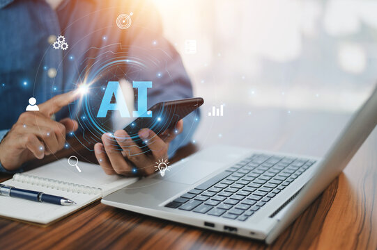 Hand holding phone and AI artificial, intelligence  control monitoring or analysis organisation performance information.