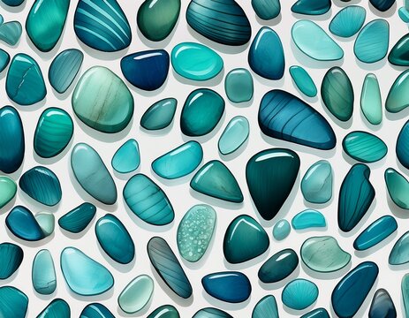 seamless sea glass pattern with blue and teal pebbles on white