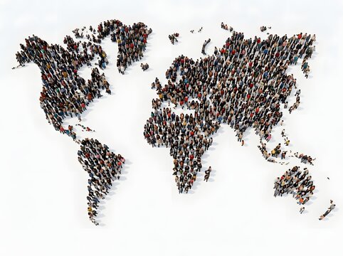 Diverse Global Crowd Artfully Crafted into a Striking Minimalist World Map with Unified Human Silhouettes Against Clean White Background