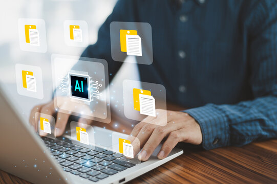 AI for document management concept. Professional businessman uses AI technology to manage file, analyze data, and automatically arrange documents in a digital folder.