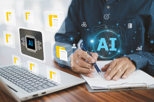 AI for document management concept. Businessman uses a laptop with AI support to classify file, organize data, and save business information in a smart folder.