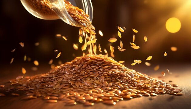 golden flaxseeds pouring into a pile in soft warm light