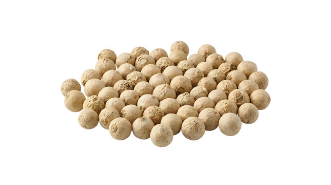 Macro Photo Of Whole White Peppercorns Isolated On Solid White Background