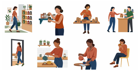 Fototapeta premium Flat illustration set of a woman's journey from buying to brewing and enjoying a cup of tea
