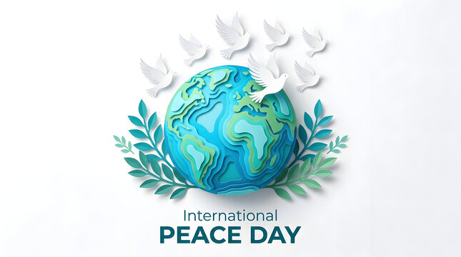 International peace day paper cut style illustration with globe and flying doves, international