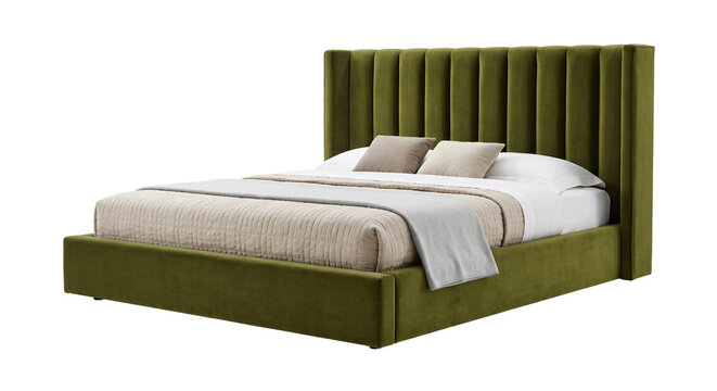 Modern queen size bed frame upholstered in olive green velvet fabric includes tall vertical tufted headboard and neutral colored linens.