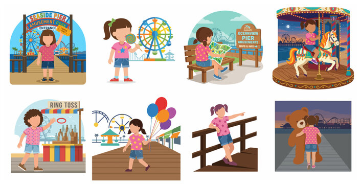 Vector illustration set of a young girl enjoying various activities at a seaside amusement park pier, including riding a carousel, playing games, and eating snacks.