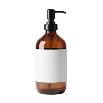Amber glass pump bottle with blank label for cosmetic product isolated on transparent background