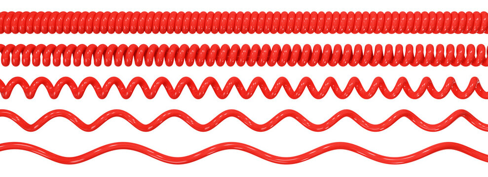 Progressive stretching of red spiral telephone cords for elasticity concepts and retro telecommunication design. 3D Rendering.