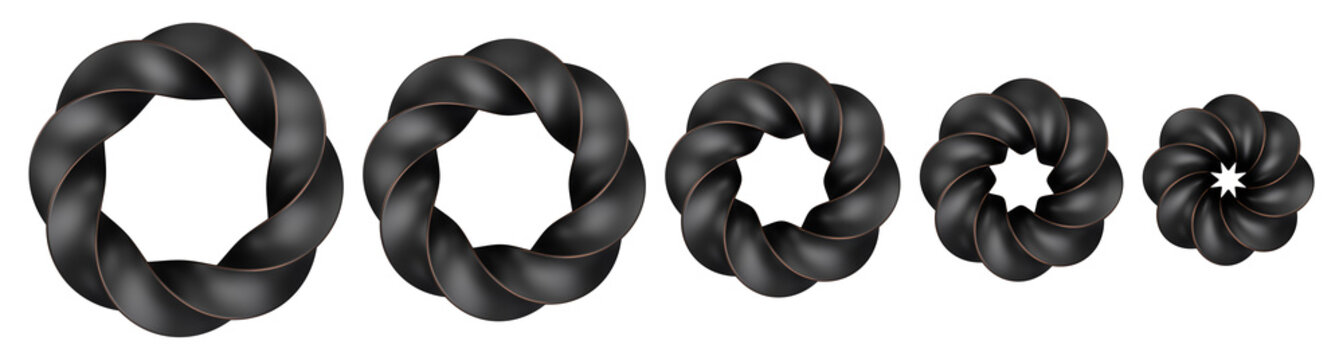 Isolated 3D Render set of Matte Black Twisted Torus Rings.