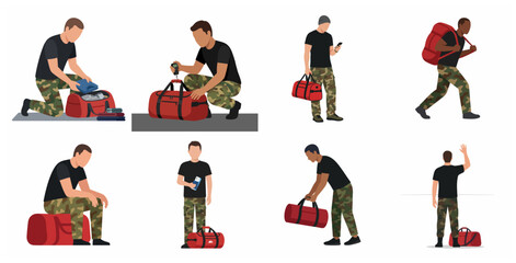 Set of illustrations depicting a man in military-style clothing packing a red duffel bag, weighing luggage, and preparing for travel.