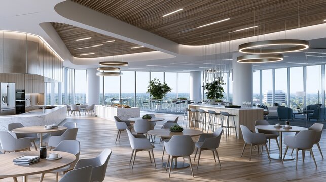 Modern office break room with natural light and contemporary furniture for employee relaxation and collaboration