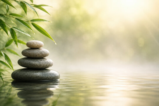 Zen Stones and Green Bamboo Leaves with Copy Space