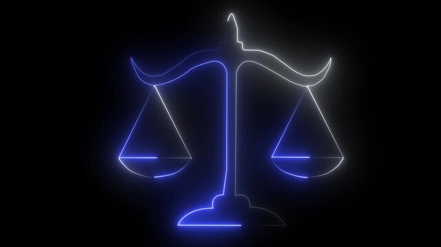 Neon scales of justice animation: legal concept and judicial fairness symbol glowing