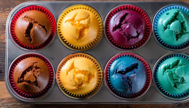 a dozen muffin tins sit elegantly arranged on a rustic wooden counter filled with a vibrant medley of colorful batter each one showcasing a unique ble
