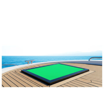 Floor mounted digital display with green screen chroma key on a teak wood deck section isolated with sharp focus for luxury maritime marketing