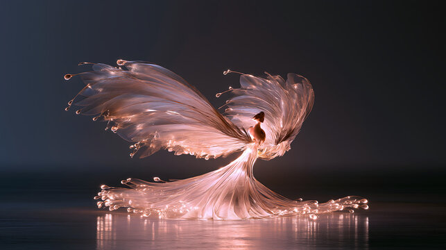 Norse myth freya abstract light effect, layered golden feather cloak, teardrop light beads, running cat silhouettes on edge, tender abundant vibe of love and beauty, asset for poster, packaging, film 